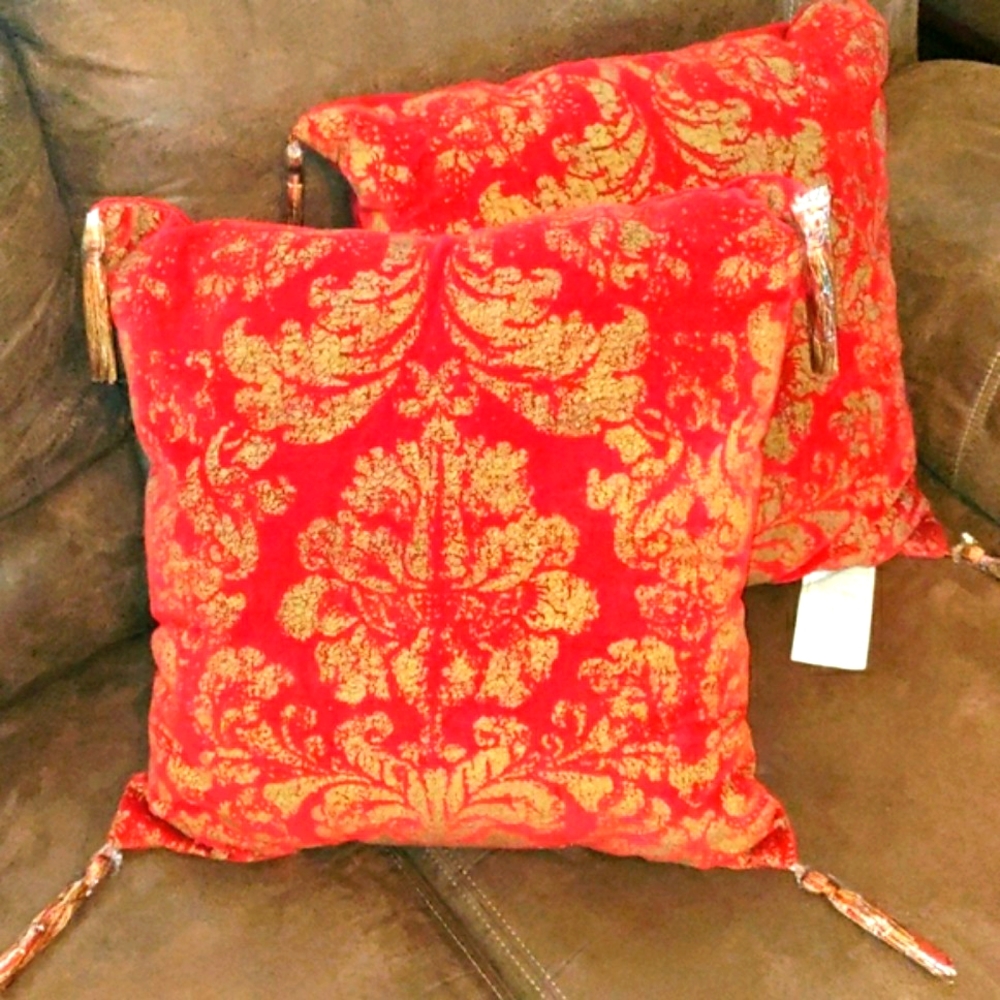 NEW Throw Pillows. Beautiful Red & Tan. Fringe still wrapped. Soft Velvet feel.